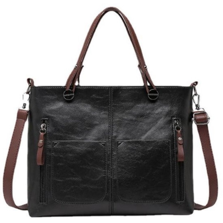 Geanta de umar pentru femei, neagra, 31x25x10cm, din piele PU impermeabila, cu compartimente multiple