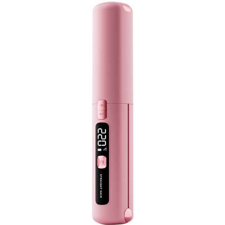 Hajegyenesítő és göndörítő, 2 az 1-ben, hordozható, kerámia, rózsaszín, 4500mAh akkumulátorral