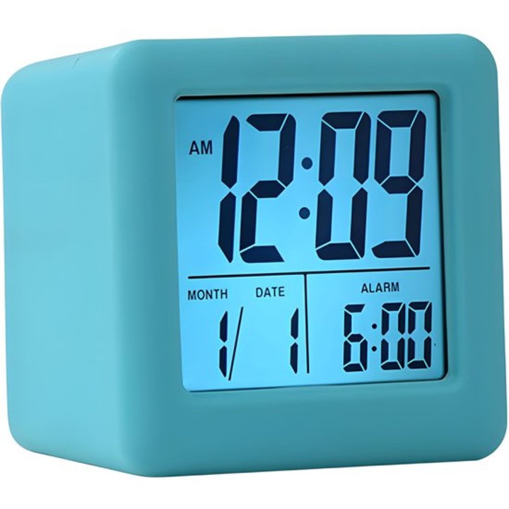 Ceas de alarma digital pentru copii, multifunctional, cu functie de snooze, iluminare de noapte, albastru, 8x8x6.5cm