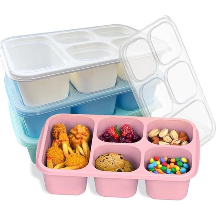 Cutie alimentara reutilizabila, 5 compartimente, 1300 ml, plastic, transparent, pentru microunde, set