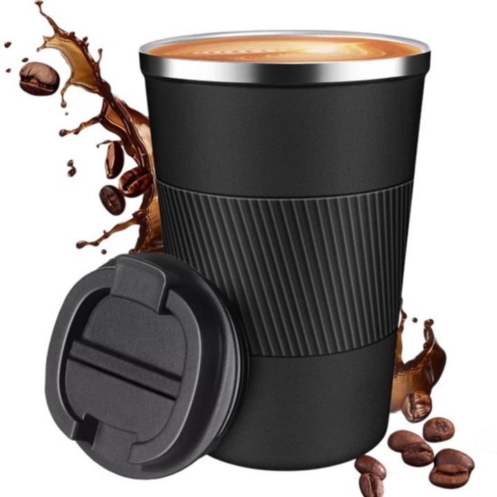 Cana termica din otel inoxidabil, neagra, 380 ml, 7x7x14.5 cm, design portabil, pentru bauturi calde si reci