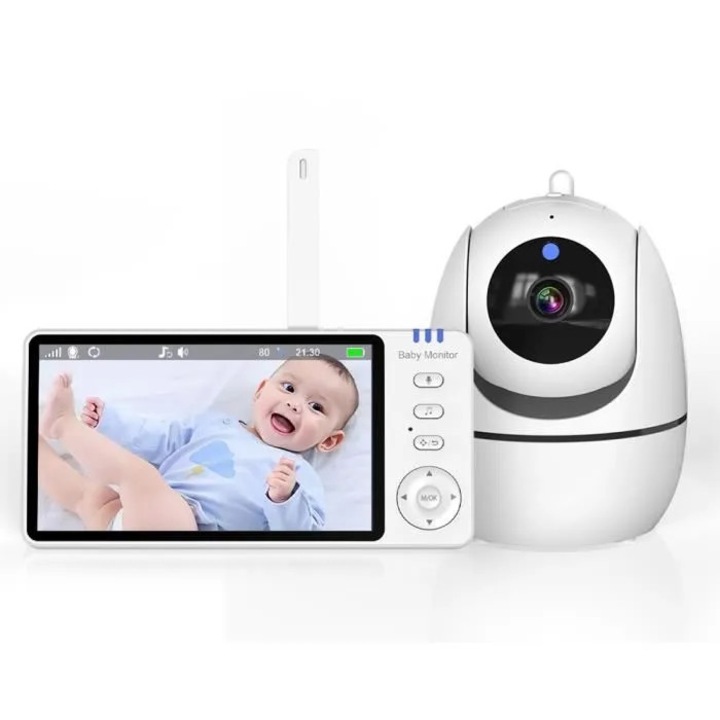 Bébi videó monitor, 5 hüvelykes, 1280x720p, 350°-os forgatás, hőmérséklet-ellenőrzés, 2 kamerás szett