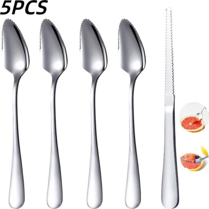 Set tacamuri pentru grapefruit, 5 piese, inox, design minimalist, argintiu, 16.8x2.9cm, lungime lama 18.5cm