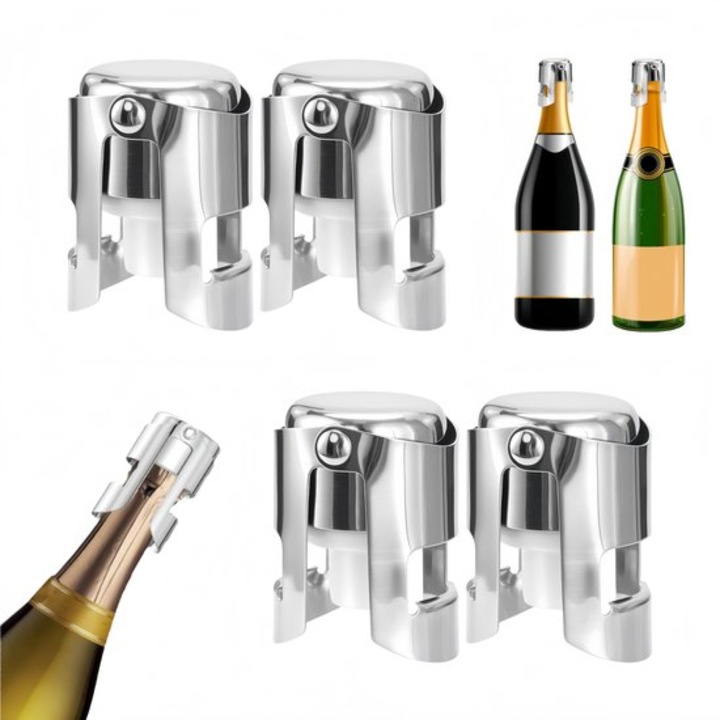 Set 4 dopuri pentru sampanie, inox, cu sigiliu din silicon, argintii, 4x4x5.5 cm