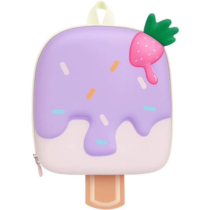 Ghiozdan copii, 3D decoratiuni capsuni, violet, 24x28x10cm