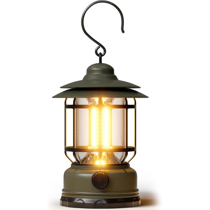 Retro kempinglámpa, fokozatmentesen szabályozható, USB töltés, 20-200 lumen, 11.8x11.8x18cm, zöld