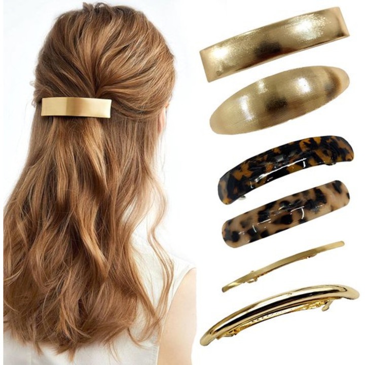 Set 8 Clips de Par Metalice Retro, 7.5cm, Aurii, pentru Par Gros si Subtire