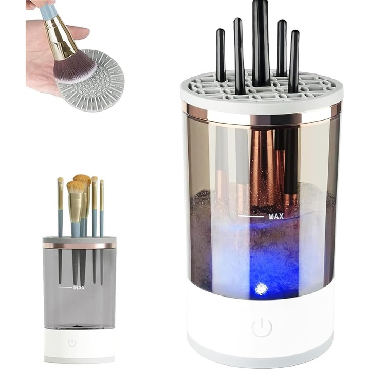 Curatator electric automat pentru pensule de machiaj, design 2 in 1, include pad de curatare, compact, 9x9x16cm