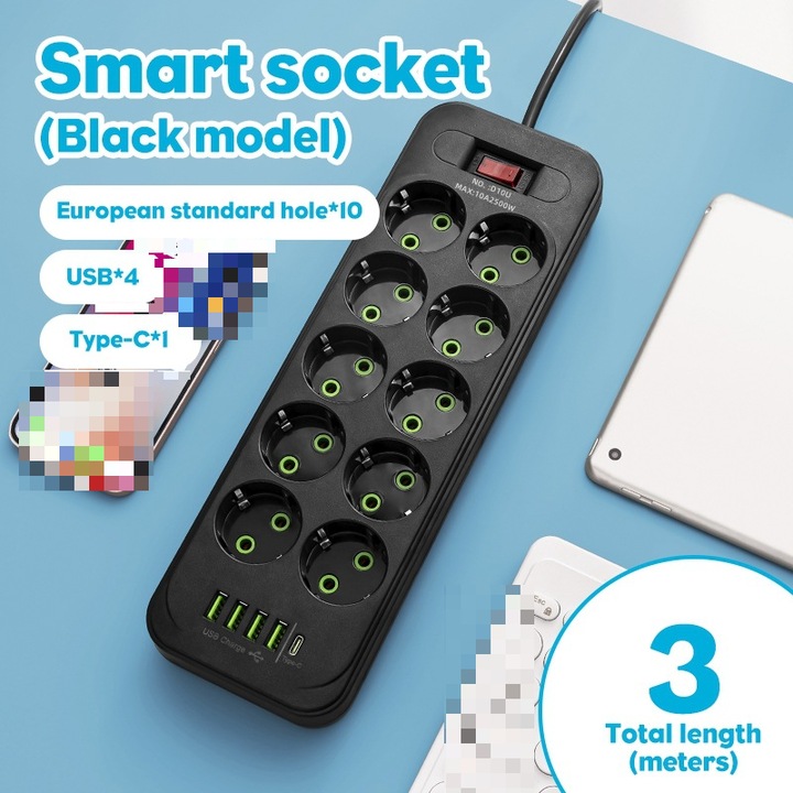 Prelungitor cu 1 priza, design spatios, iesire USB 5V 2.4A, 10A, 2500W, cablu 3m, negru