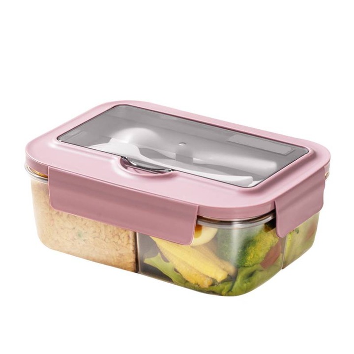 Bento ételhordó doboz, 1400ml, 3 rekeszes, evőeszközökkel, 20.1x14.5x6.5cm
