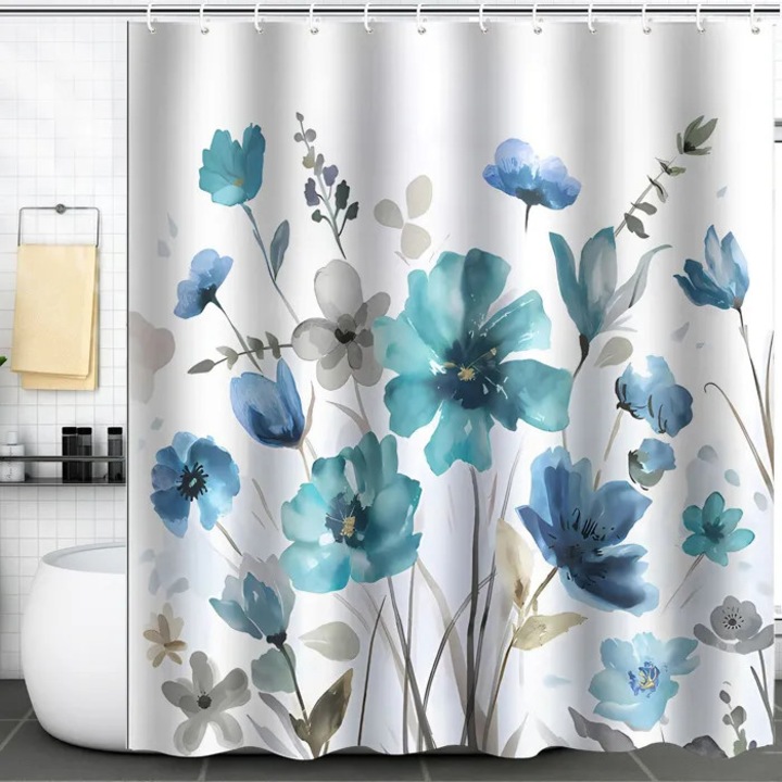 Cortina de dus florala, 12 carlige, impermeabila, poliester, multicolor, 180x200cm