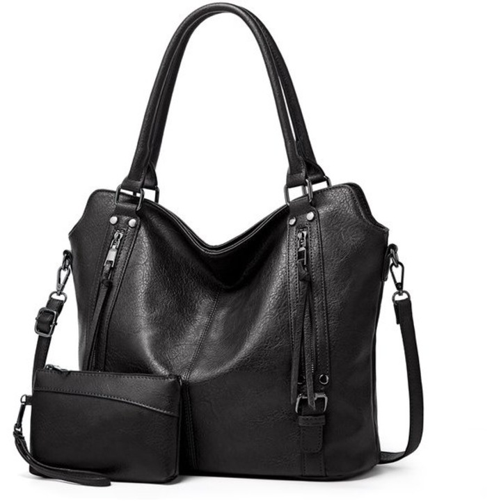 Set de genti dama, negru, 44x32x16cm, 2 piese, din piele sintetica, cu curea detasabila