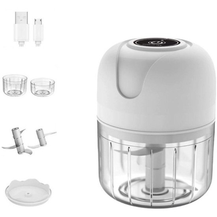 Tocator electric mini, USB reincarcabil, design fara fir, 2 boluri de amestec, pentru ceapa si usturoi