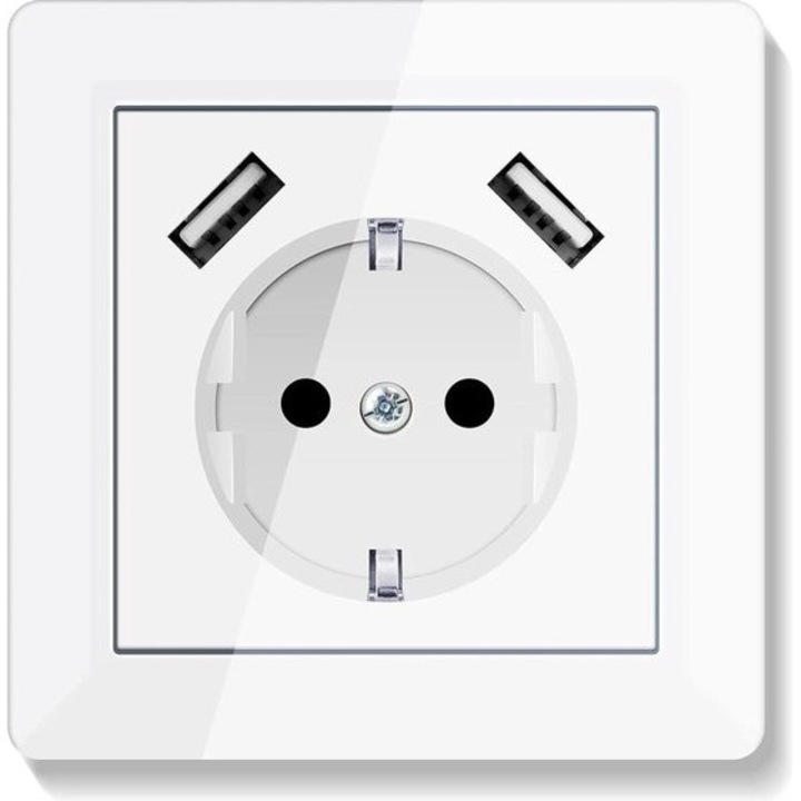 Priza USB alba cu 2 incarcatoare pentru telefon si tableta, sistem de montare incastrat, 80x80x43mm