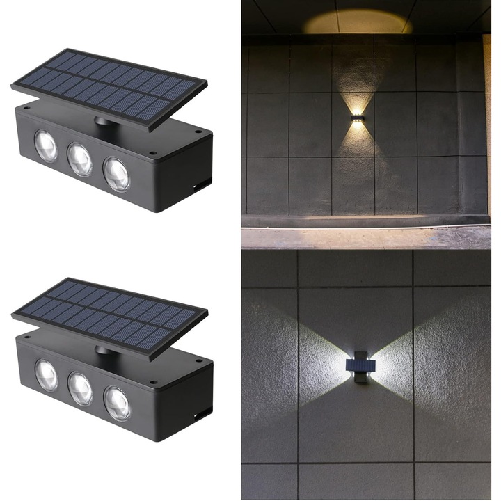 Lampa solara de perete, 2 moduri: alb cald/alb rece, iluminat decorativ exterior rezistent la apa, panou solar ajustabil, pentru terase si verande