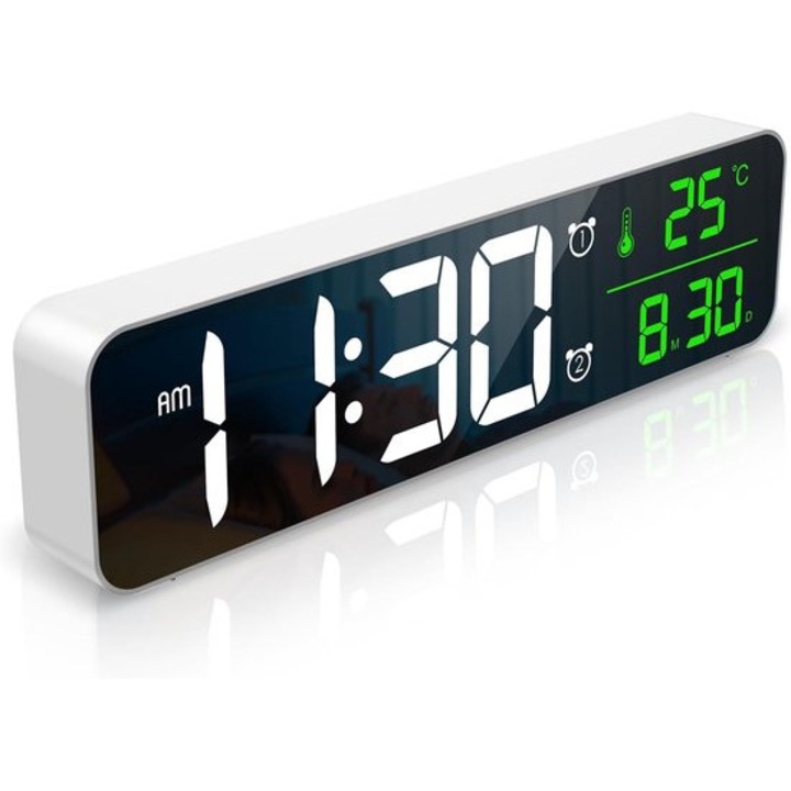 Ceas de perete digital, 26.5 cm, alb, cu afisare data si temperatura, set alarma, cablu USB 1.2m