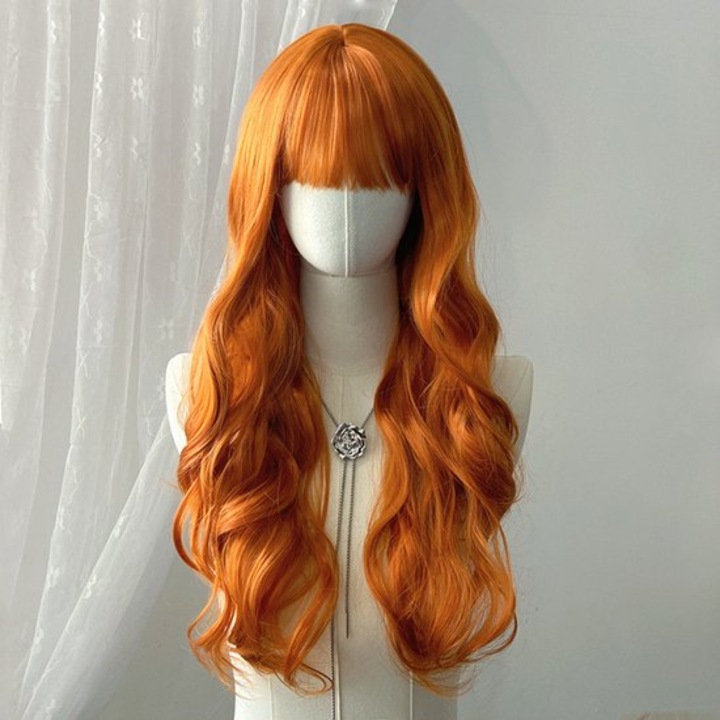 Peruca Anime, Par Lung Cret Portocalie, Bretele Drepte, Fibra Rezistenta la Caldura, 65cm, Set cu Retea de Par Ajustabila