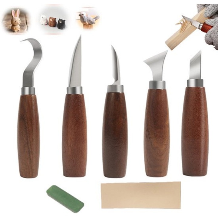 Set de unelte pentru sculptura in lemn, 8 piese, cu cutite de detaliere, cutit de canelat, cutit cu carlig, cutit de planare, pentru incepatori, multicolor