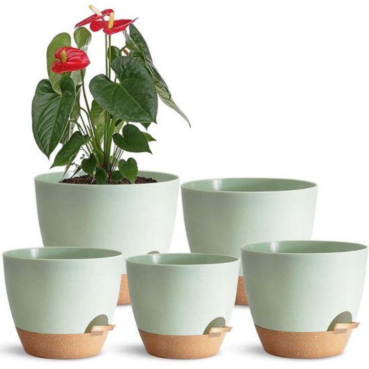 Set de ghivece pentru plante mici, 5 piese, verde, dimensiuni variate: 7x5 inch, plastic, interior/exterior