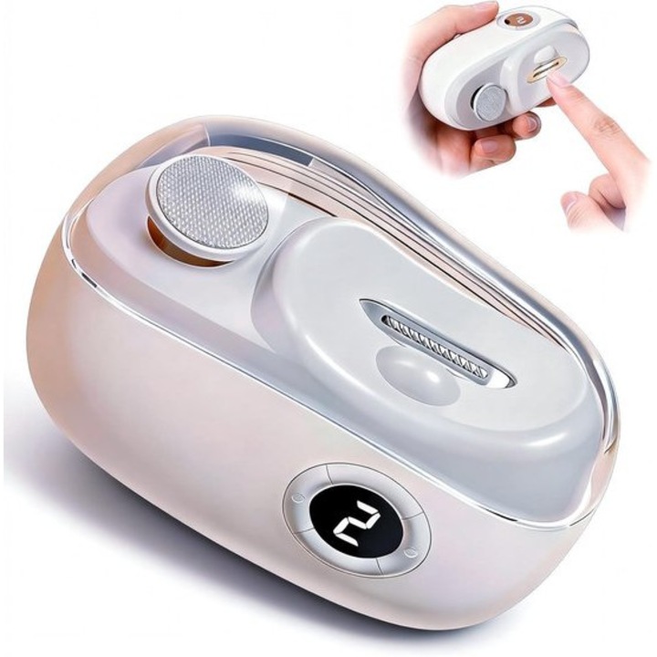 Elektromos körömvágó 3 az 1-ben, fehér, 3 sebességfokozat, 500mAh, 60 perc üzemidő, LED, USB-C, 1 szett