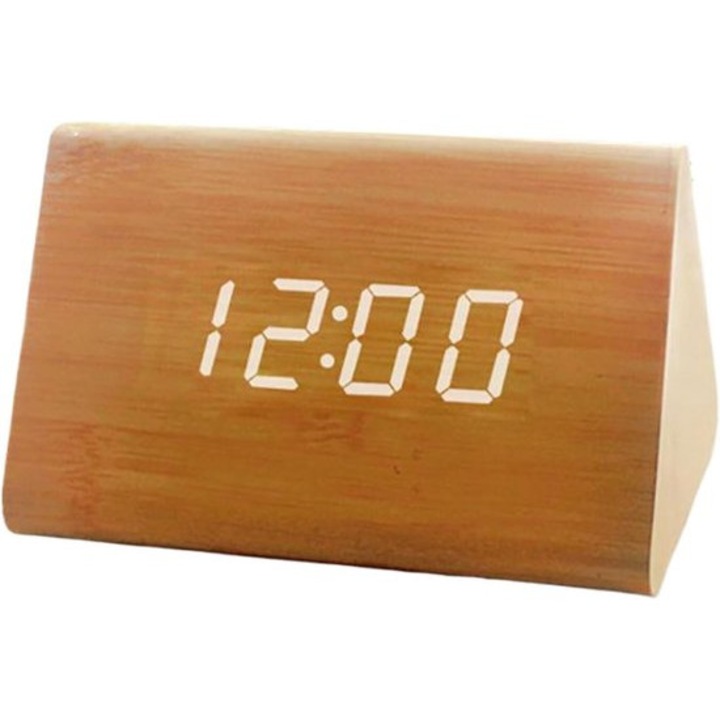 Ceas digital de masa cu alarma, 3 alarme, culoare lemn natural, 12/24 ore