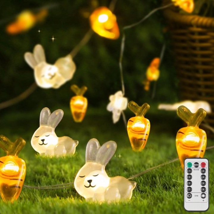 LED húsvéti füzér, 3m, 30 nyuszi és répa alakú fény, elemes tápellátás, IP44 vízálló kivitel