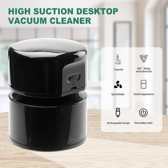 Aspirator mini desktop, negru, USB reincarcabil, capacitate 58 ml, 11.5x11x9cm, 270g, functie de oprire automata