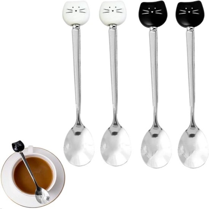 Set 4 linguri cu cap de pisica, inox, 16x2.6cm, multicolor