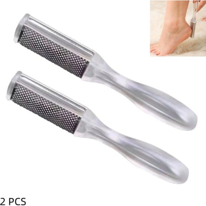 Set 2 pile cosmetice din otel inoxidabil cu maner transparent, 15x2.8cm, pentru indepartarea calusurilor si pielii moarte