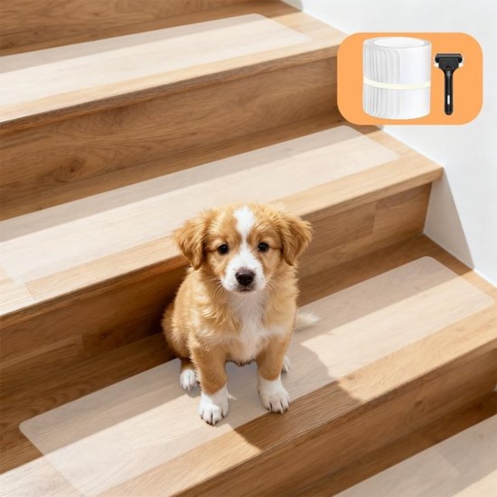 Banda antiderapanta transparenta PEVA, set de 15 bucati, 15x76cm, impermeabila, pentru scari si podele, sigura pentru varstnici, copii si animale de companie