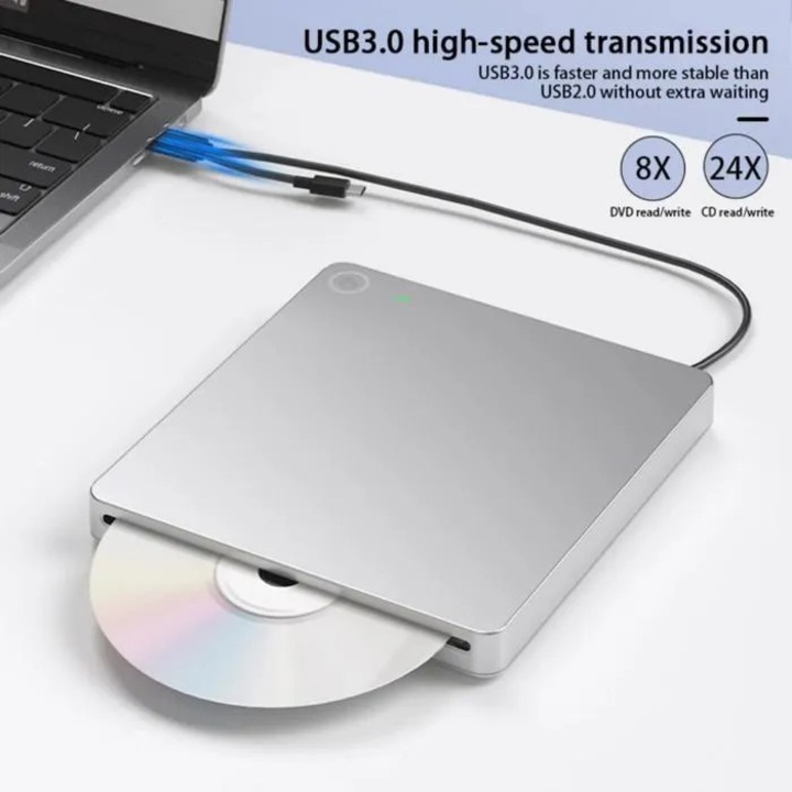Unitate optica externa, CD/DVD, USB 3.0, viteza mare de transfer, compatibilitate larga, culoare argintie