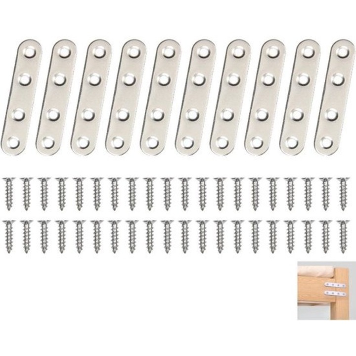 Set 10 suporturi plate din otel inoxidabil, 7.6x1.6cm, pentru mobilier, include 40 suruburi