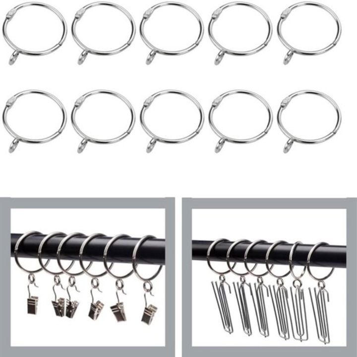 Set 10 inele metalice perdea, deschidere rapida, argintiu, 50mm
