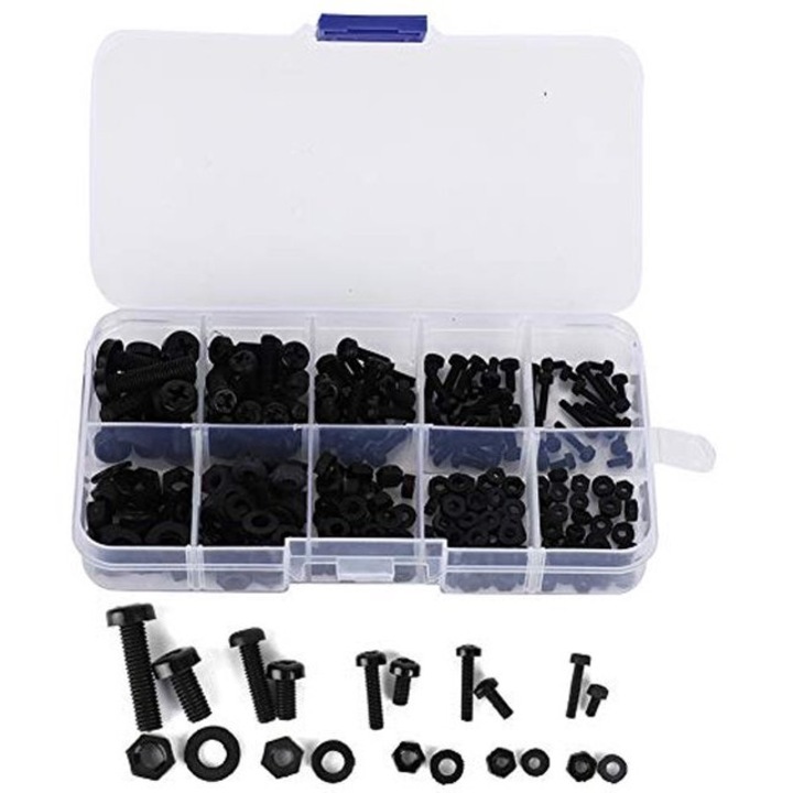 Set de 270 suruburi din nylon, negru, 14.4x6.8x2.4cm