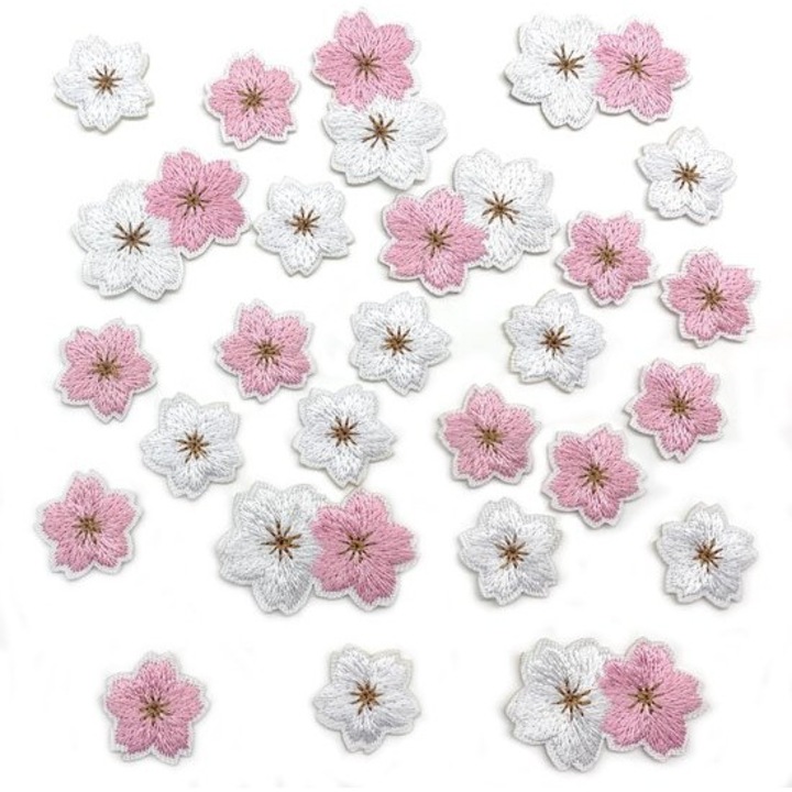 Set 25 patch-uri brodate cu flori de cires, multicolor, 10.7x9.3x1.2cm