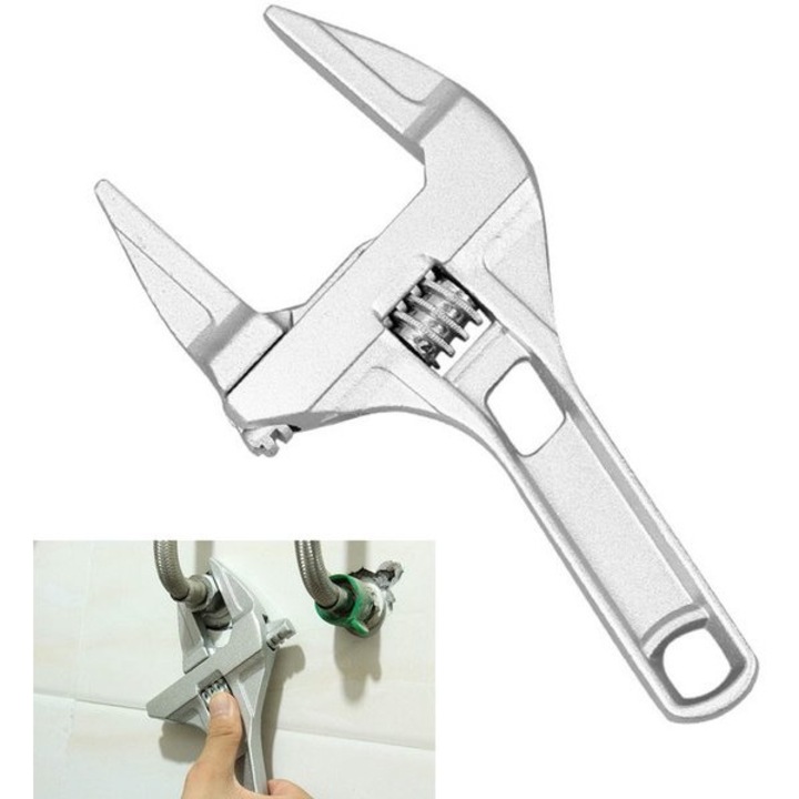 Cheie reglabila, 6-68 mm, deschidere larga, maner scurt, pentru piulite de baie, argintie