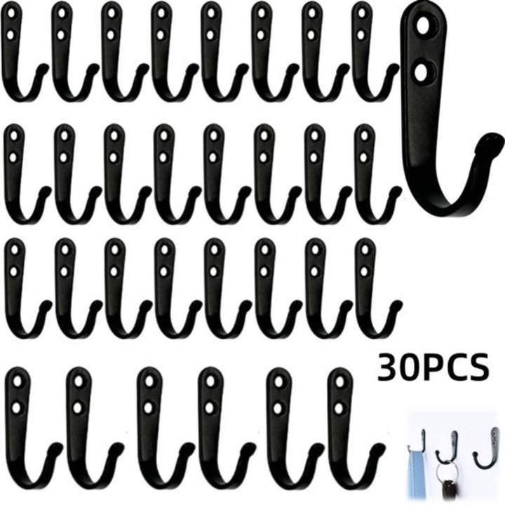 Set 30 cuiere metalice, negru, 3x4.5cm, pentru bucatarii, bai, dormitoare, dulapuri, pereti