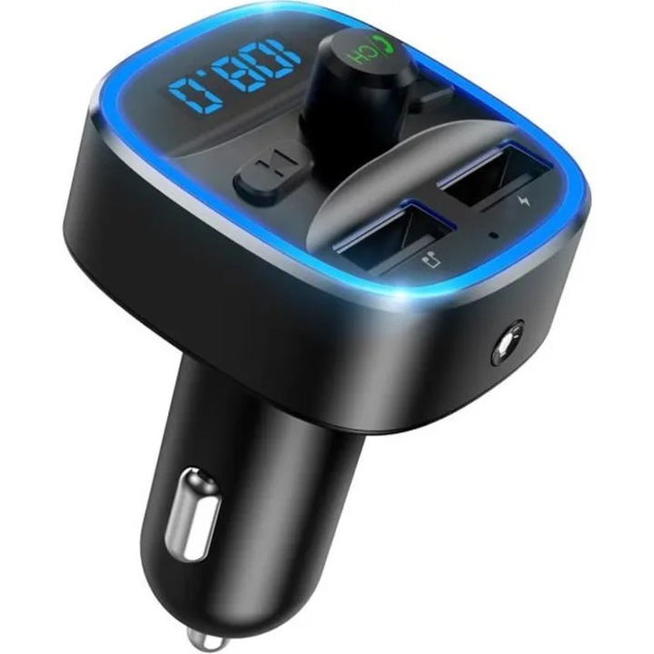 Transmitator FM Bluetooth pentru masina, incarcator cu 2 porturi USB, apeluri hands-free, design LED, accesorii electronice auto