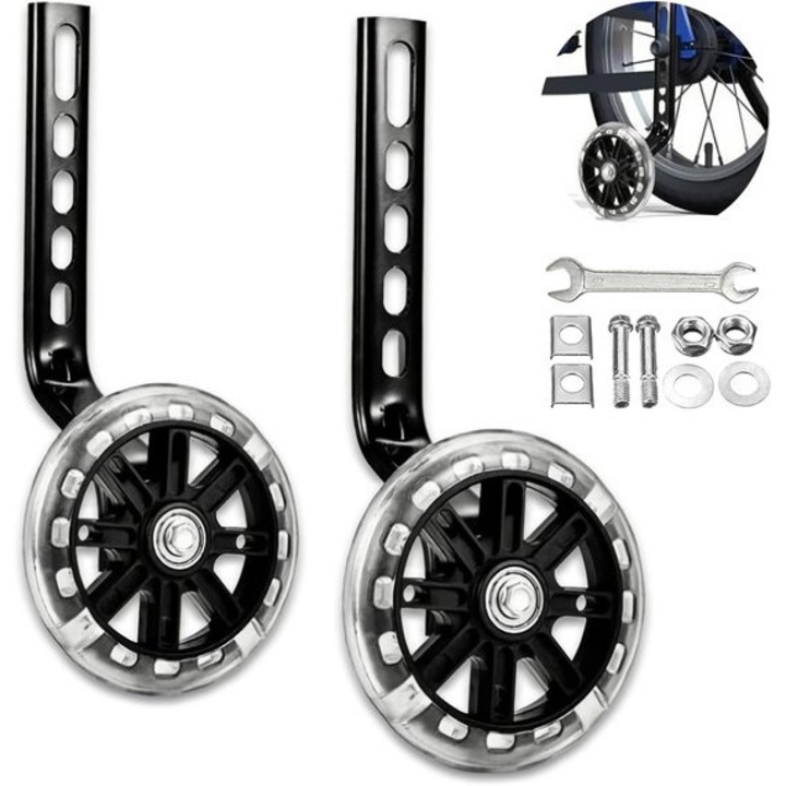 Set roti ajutatoare bicicleta cu lumini LED, negru, 12-20 inch, 26.7x16.3x4 cm, 2 buc