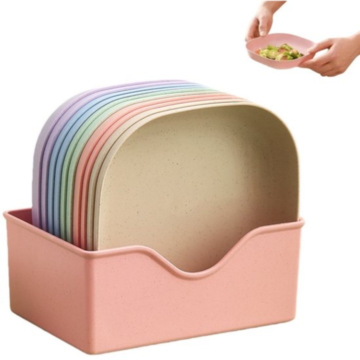 Set 10 farfurii patrate, 14cm, multicolor, usoare si indestructibile, pentru servire si depozitare