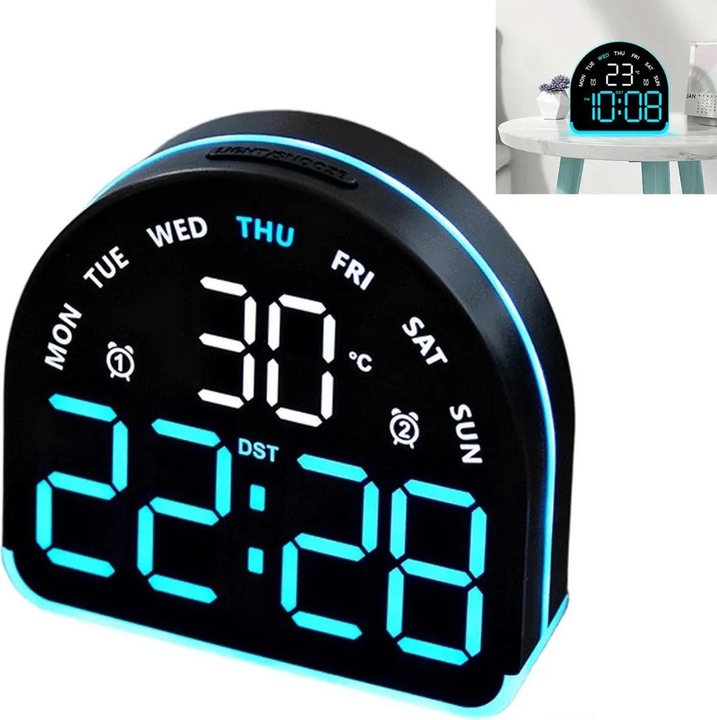 Ceas desteptator LED cu lumina ambientala, functie de termometru, design negru, dimensiuni 10.5x10.5x3.6cm