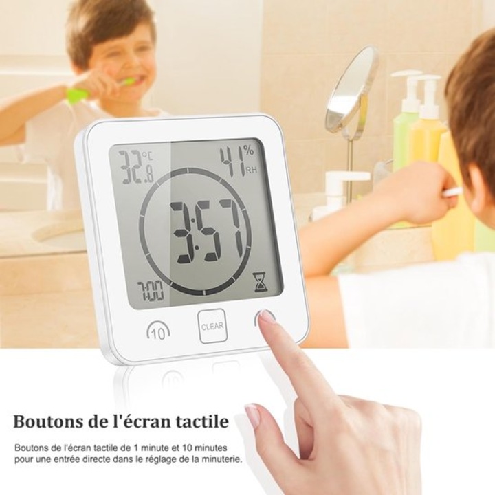 Digitális fürdőszobai óra, vízálló, hőmérséklet- és páratartalom-érzékelővel, időzítő funkcióval, fehér, 102x35x106mm