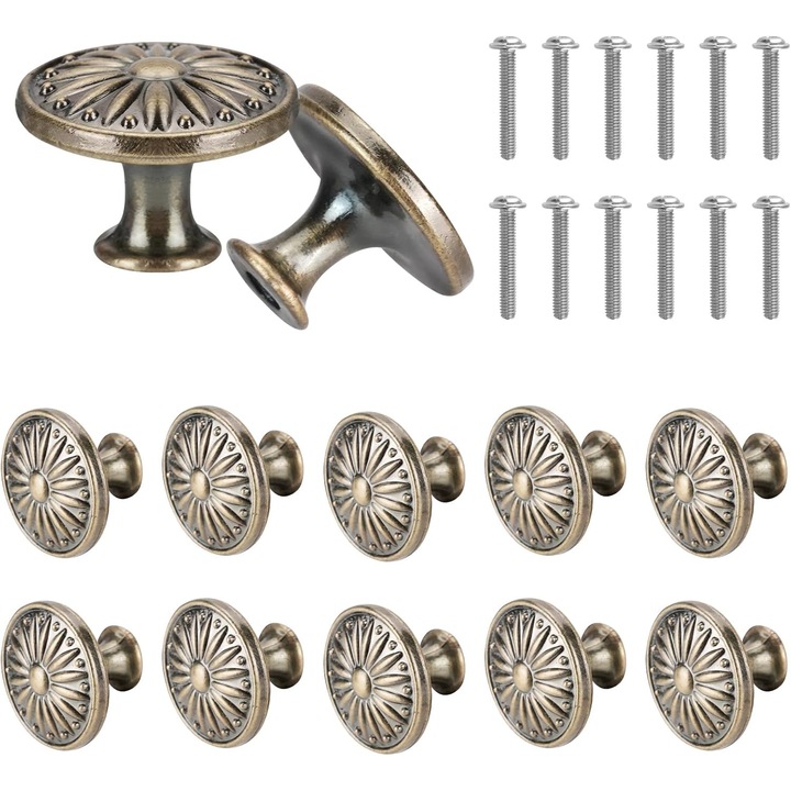 Set 12 butoane vintage pentru dulap, model floral, bronz vintage, 3.5x2.5cm