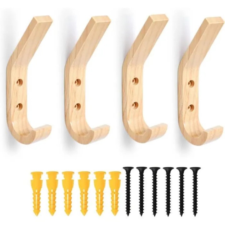 Set cu 4 cuiere de perete din lemn natural, 15.5 cm, stil modern