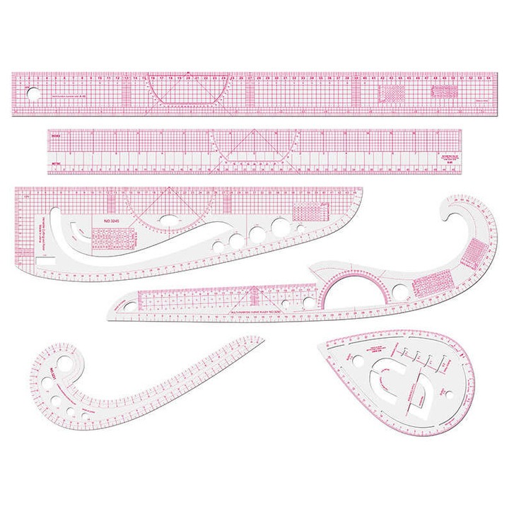 Set rigle de cusut, 6 piese, rigla curbata franceza, rigla transparenta, plastic, flexibil