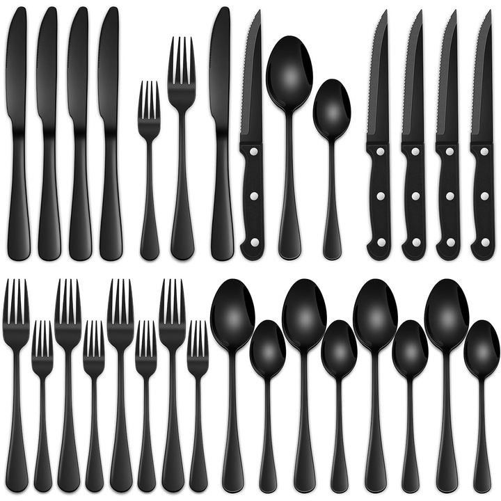 Set tacamuri 25 piese, negru si argintiu, din otel inoxidabil, design elegant, pentru 4 persoane