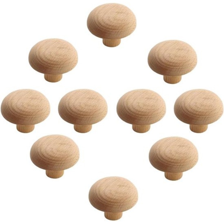 Set 10 Manere Vintage din Lemn pentru Sertare, Design Ciuperca, Lemn Nuc, Usor de Instalare