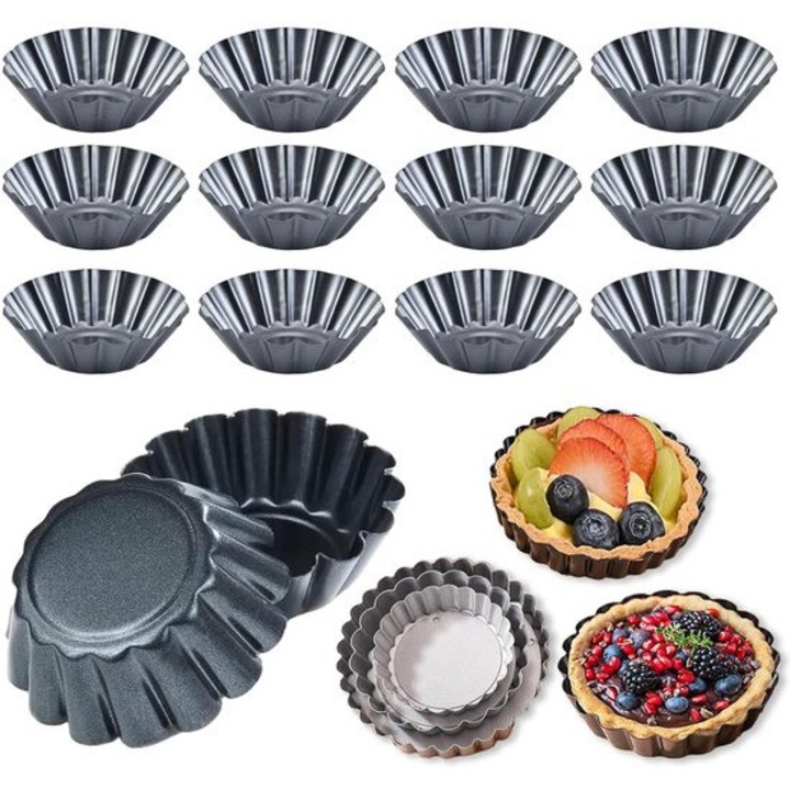 Set 12 forme mini tart, rezistente la temperaturi ridicate, carbon steel, 6.3x4.5x2.3cm, culoare neagra
