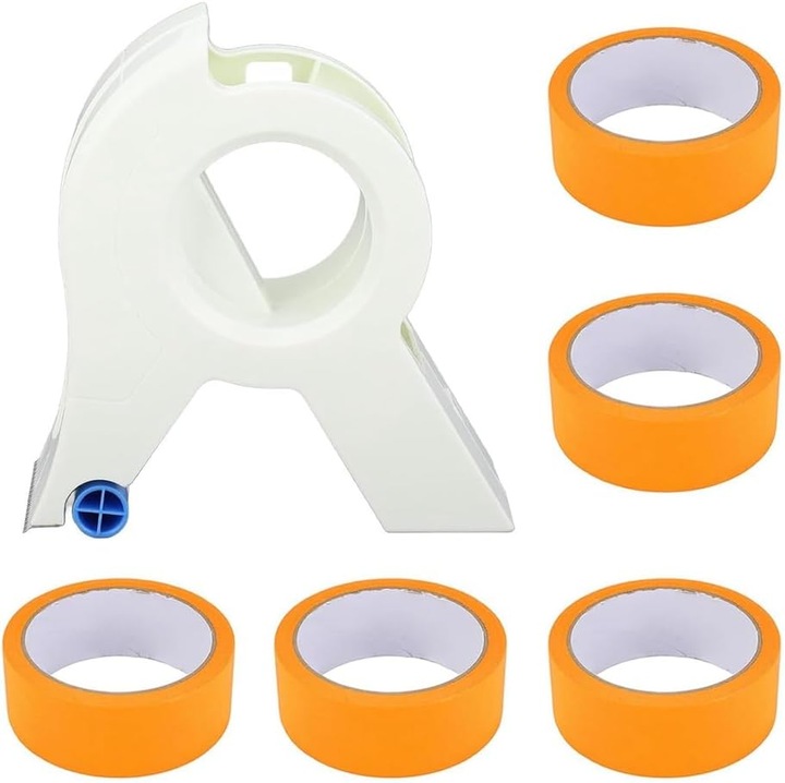 Dispozitiv aplicator banda adeziva, 5 role banda adeziva portocalie, design practic, taiere rapida, dimensiuni compacte