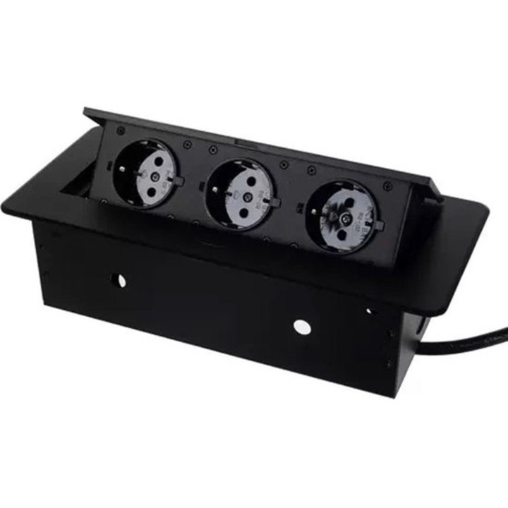 Priza de birou ascunsa cu 3 iesiri, 1.5m cablu, design modern, aluminiu, 22.5x11x6.8cm, negru